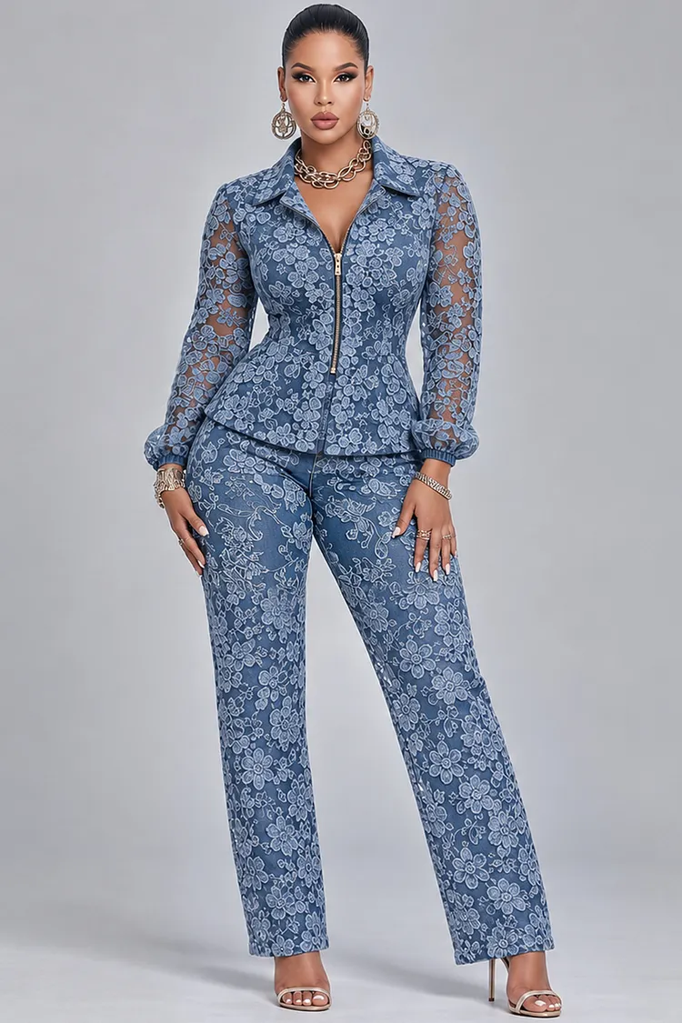 Xpluswear Design Plus Size Party Blue Shirt Collar Long Sleeve See Through Zipper Lace Two Piece Pant Sets [Pre-Order] 2024 - Xpluswear