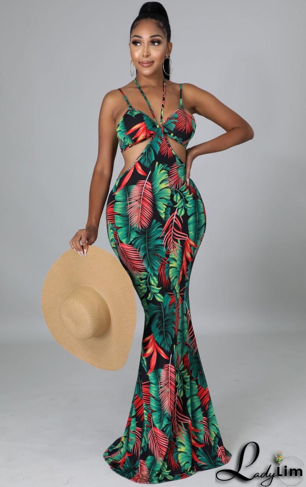 Summer Sexy Floral Green Hollow Out Halter Strap Mermaid Long Dress