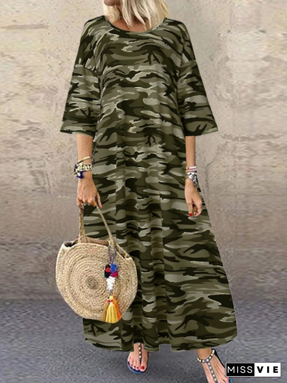 Camouflage Print O-neck Half Sleeve Casual Loose Dress