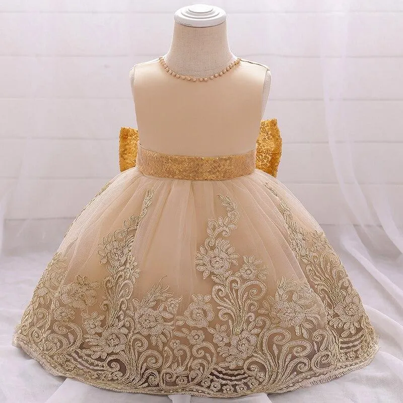2021 Flower Champagne 1srt Birthday Dress For Baby Girl Clothes Princess Dresses Baptism Dress Infant Vestidos Toddler Ceremony