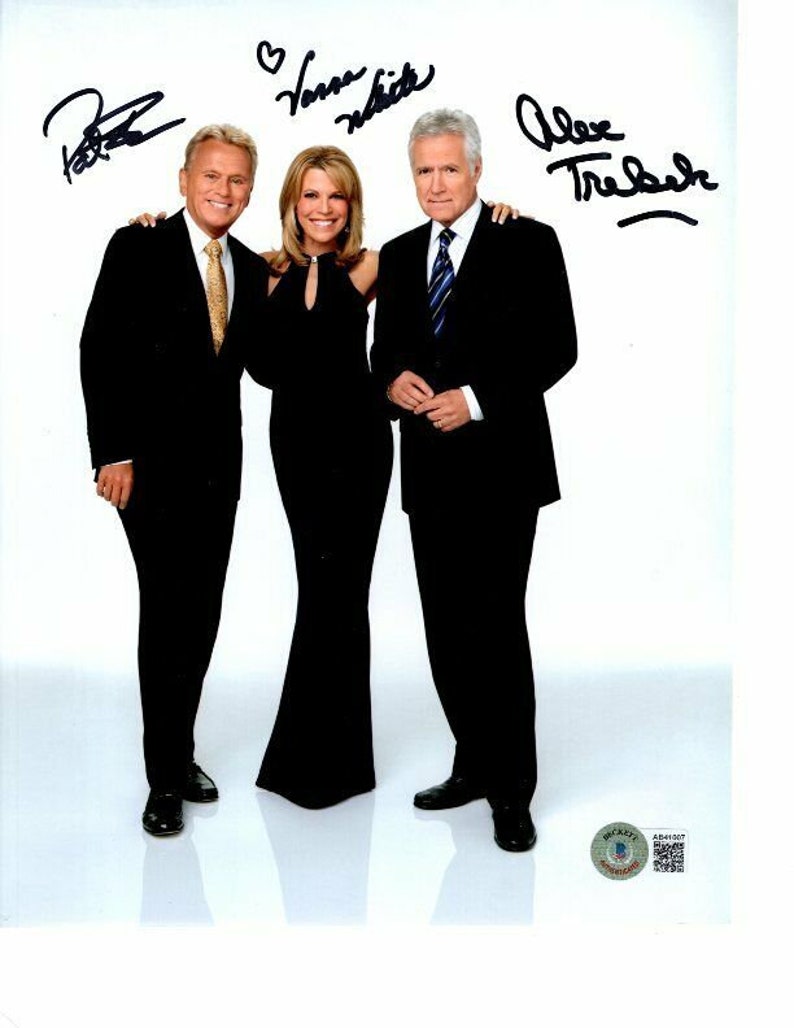 Pat sajak, vanna white and alex trebek signed 8x10 Photo Poster painting beckett bas loa