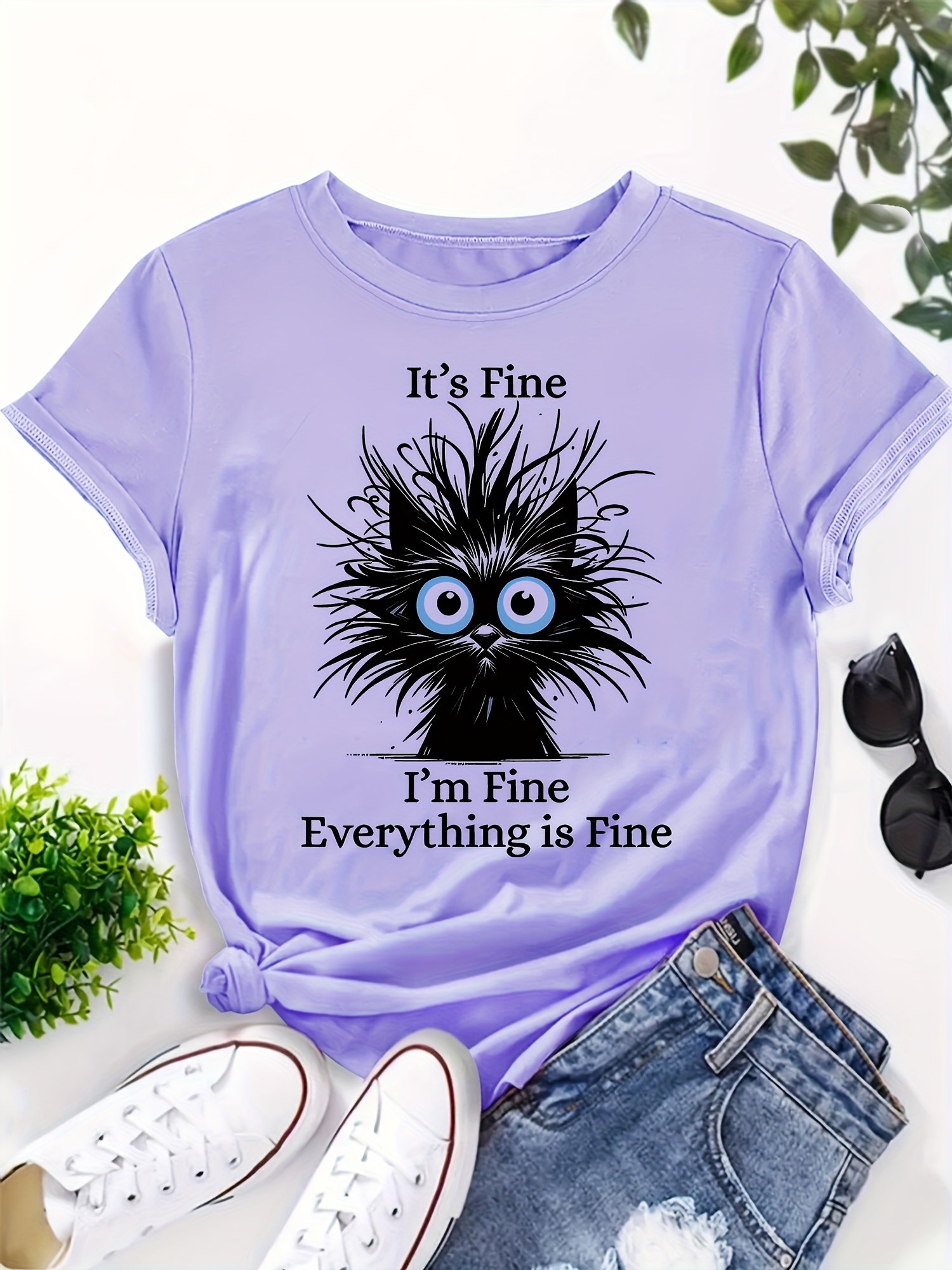 Womens Funny Sarcastic Cat Graphic Tee Light Blue Casual Everyday Shirt With Relatable | IFYHOME