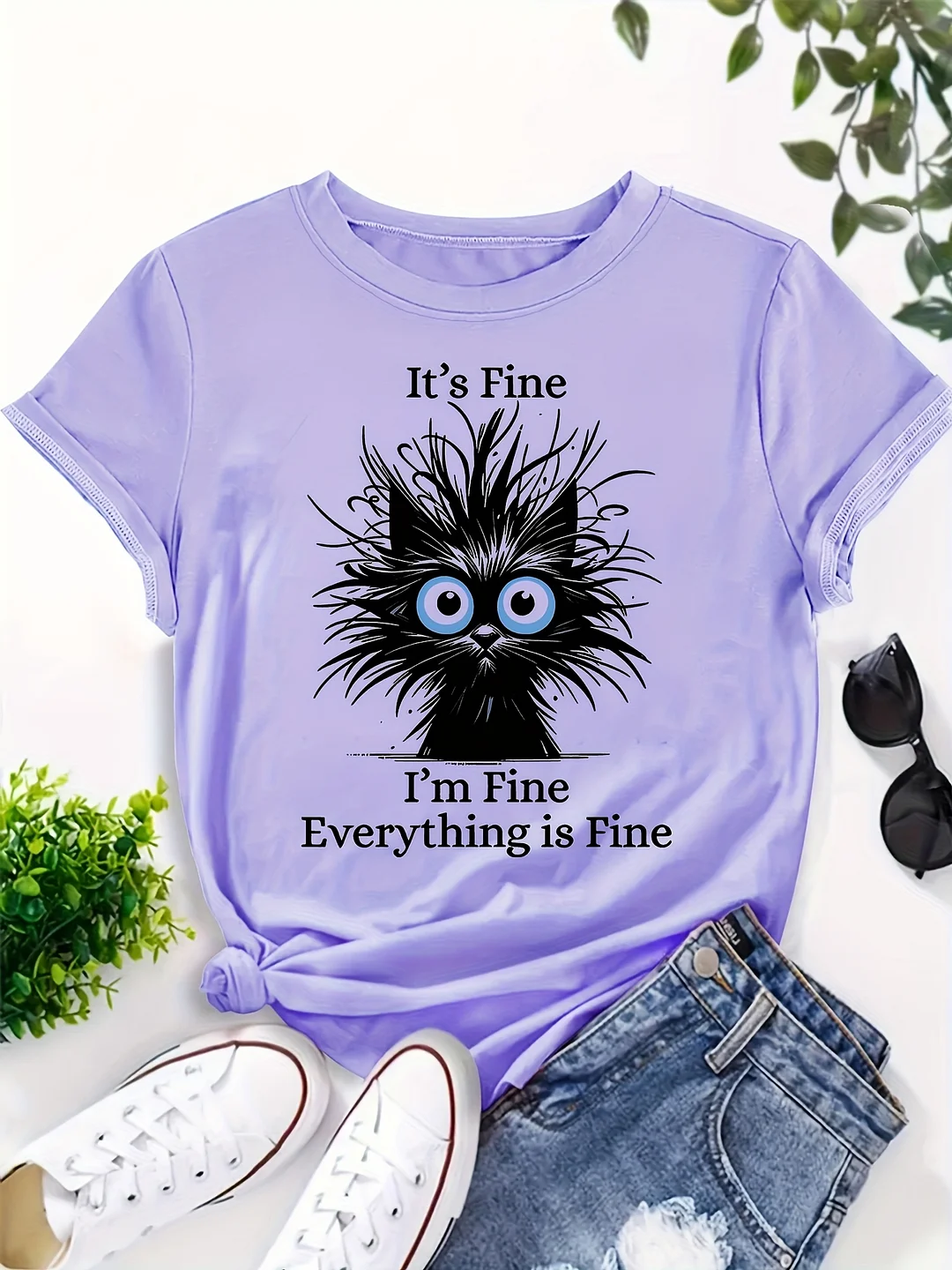 Women's Funny Sarcastic Cat Graphic Tee - Light Blue Casual Everyday Shirt With Relatable Quote, Soft Breathable Polyester Top For Women - Machine Washable Everyday Outfits, Allseason Tshirt, Whimsical Design | IFYHOME