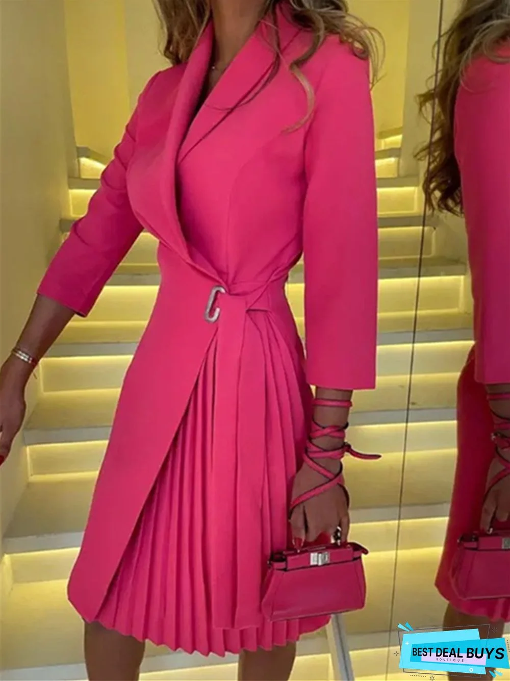 V-neck Fashion Strap Waist Sleeve Pleated Stitching Dress