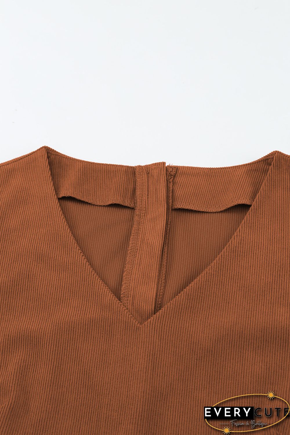 Brown Tie Knot Puff Sleeve Straight Leg High Rise Jumpsuit