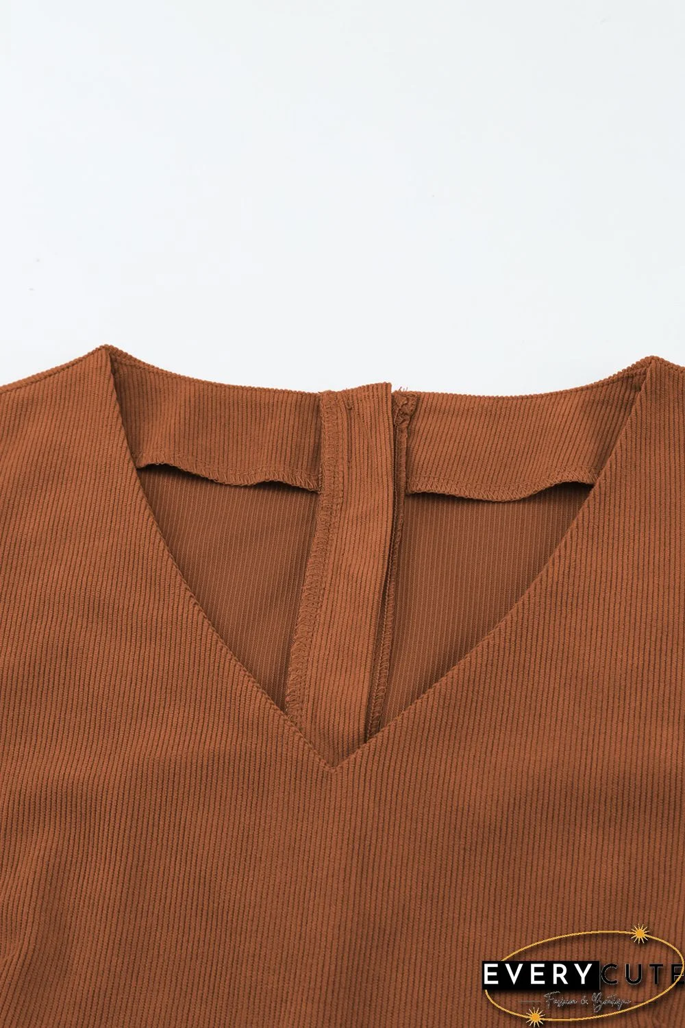 Brown Tie Knot Puff Sleeve Straight Leg High Rise Jumpsuit