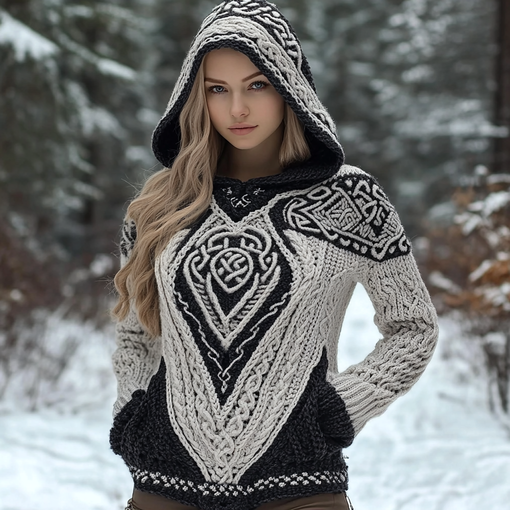 Women's Viking Wolf Style Celtic Thick Hooded Sweater