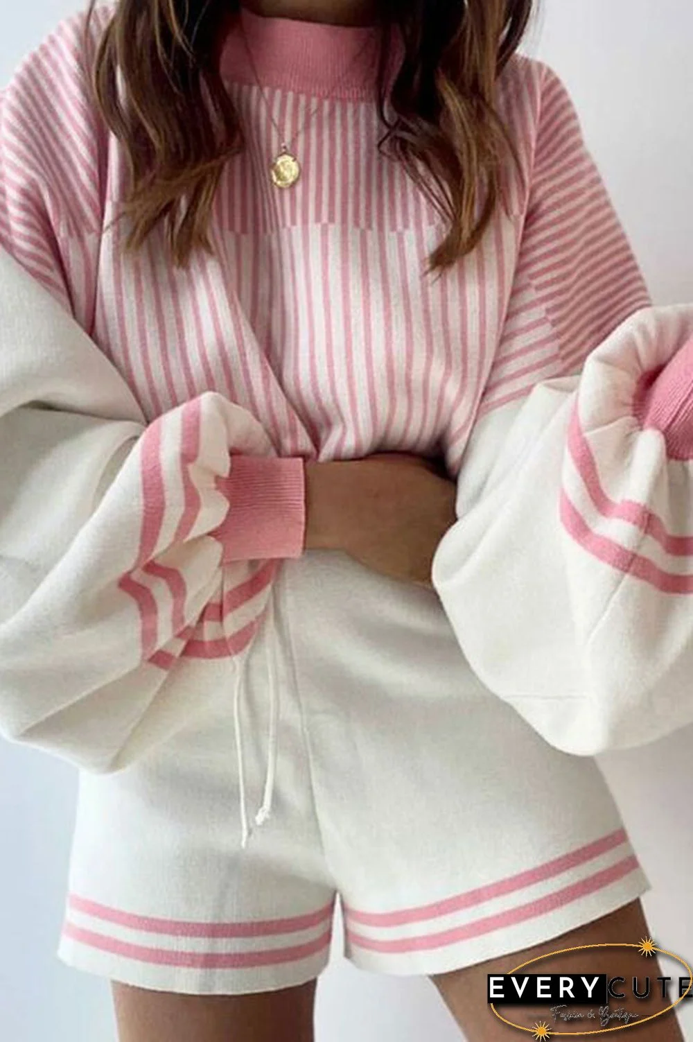 Gradient Stripe Puff Sleeve Sweater Shorts Set