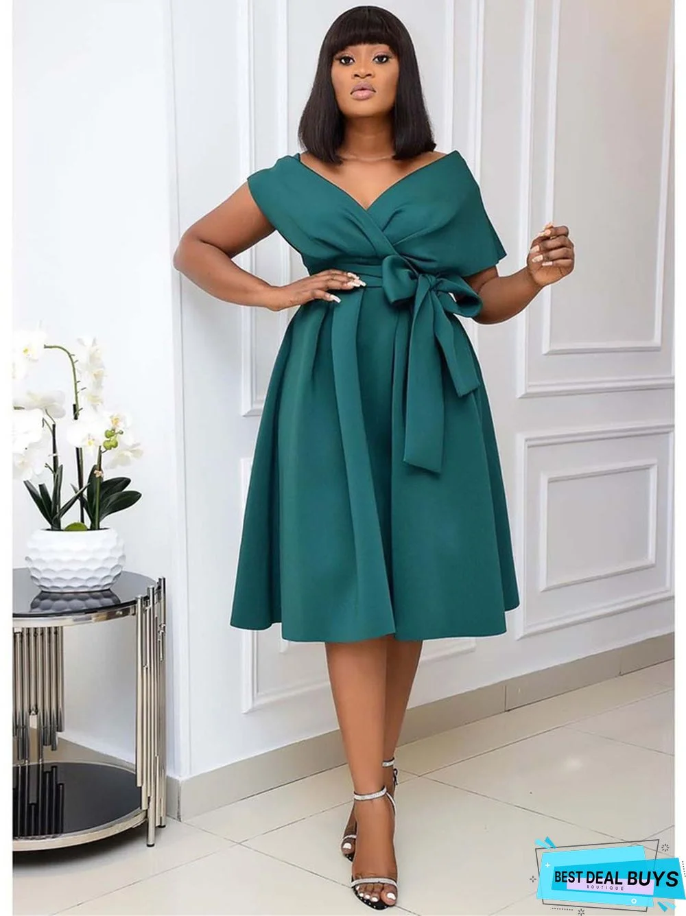 Large Women's Short Sleeve V-Neck Off Shoulder Evening Dress Black Dresses