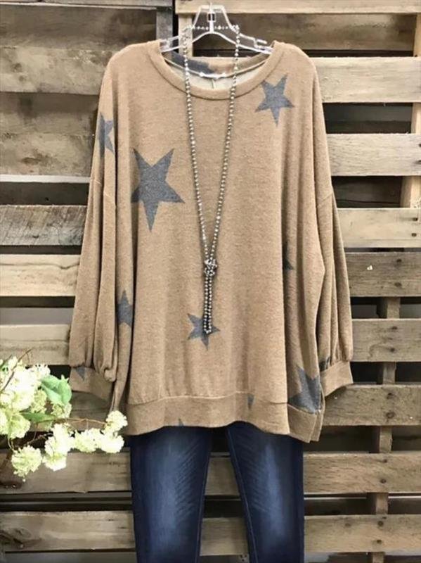 Long Sleeve Printed Five-Pointed Star Crew Neck Top T-shirt