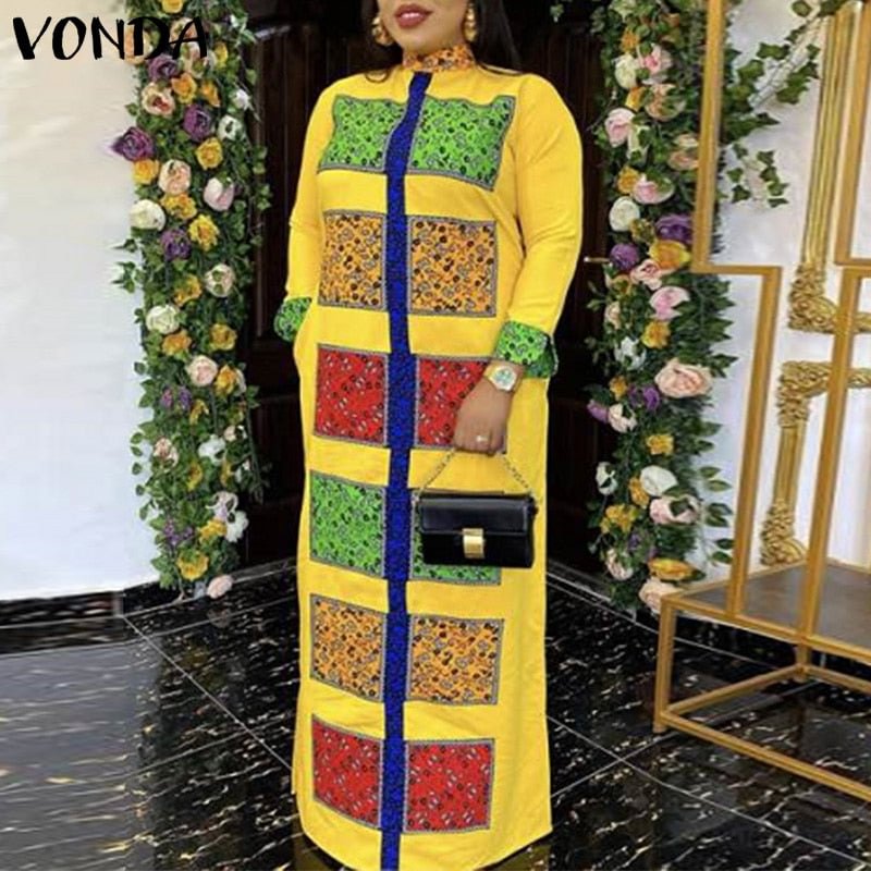 Elegant Maxi Dress 2022 VONDA Women Long Sleeve Vintage Printed Holiday Party Dress Casual Vestidos Oversized Sundress Femme 4#