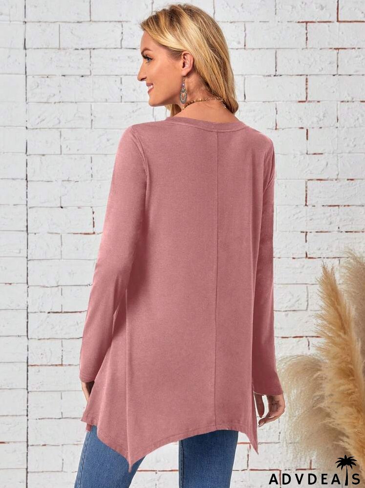 Women'sPlain Round Neck Long Sleeve Asymmetric Hem Casual T-Shirt, Spring & Summer