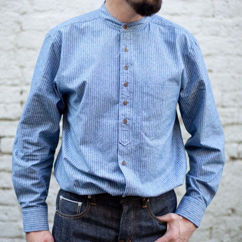 Men's Navy Pinstripe Stand Collar Cotton Shirt