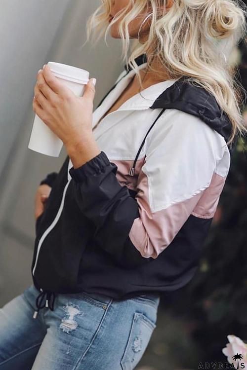 Color Block Drawstring Hoodie Coat