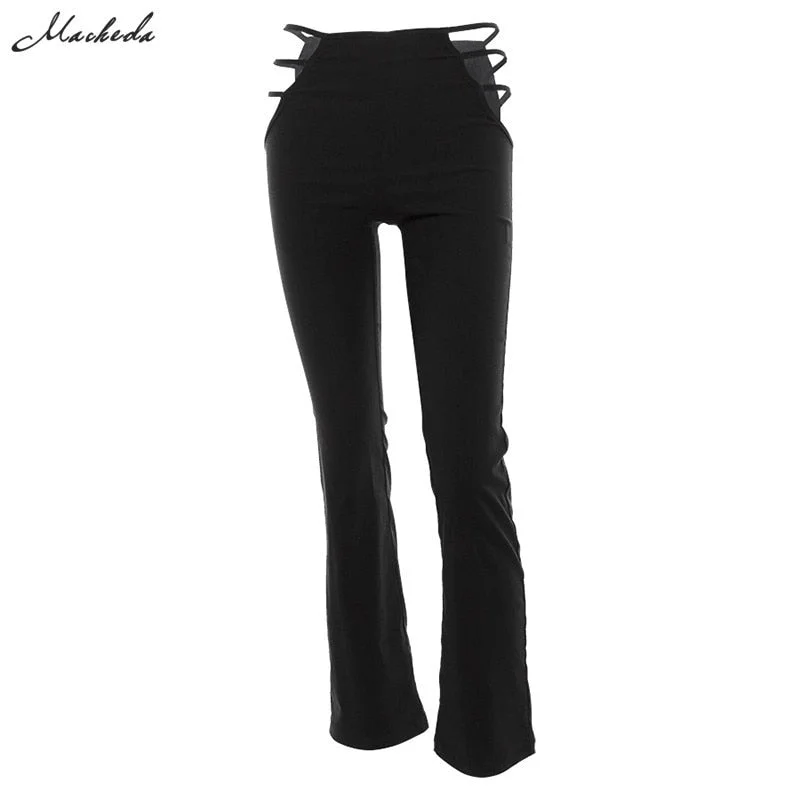 Macheda Women Black Sexy Cut Out Holes Pants Slim Fitness Sweat Pants Flare Hollow Out Trousers Streetwear Capris Pants