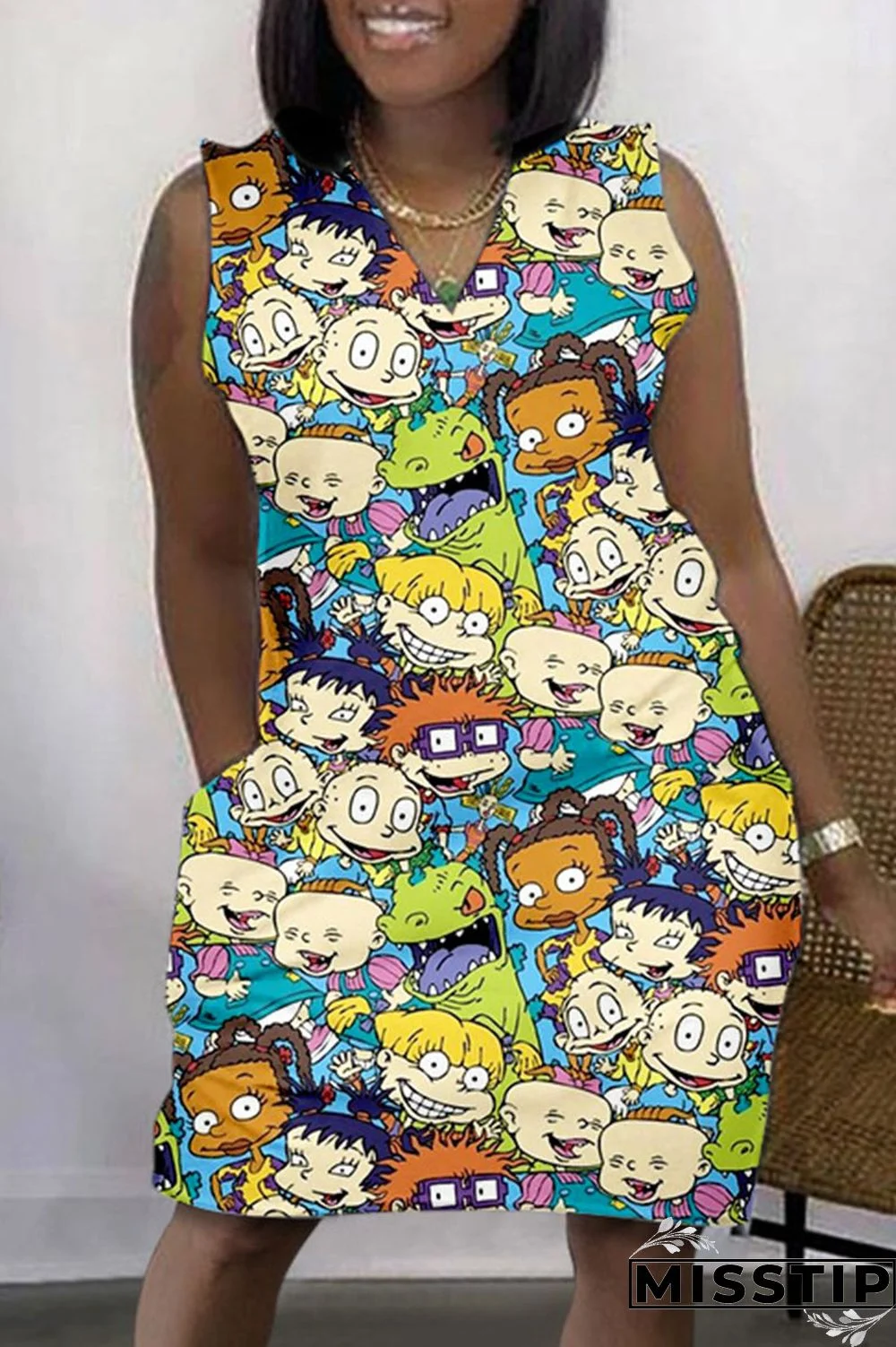 Black Apricot Casual Print Basic V Neck Sleeveless Dress Dresses