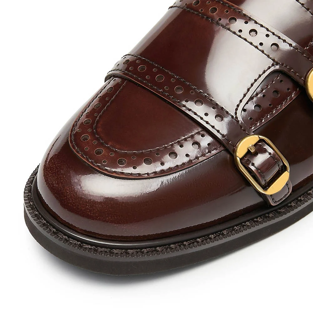 Classic Brown Perforated Round Toe Buckle Decor Loafer Shoes Women