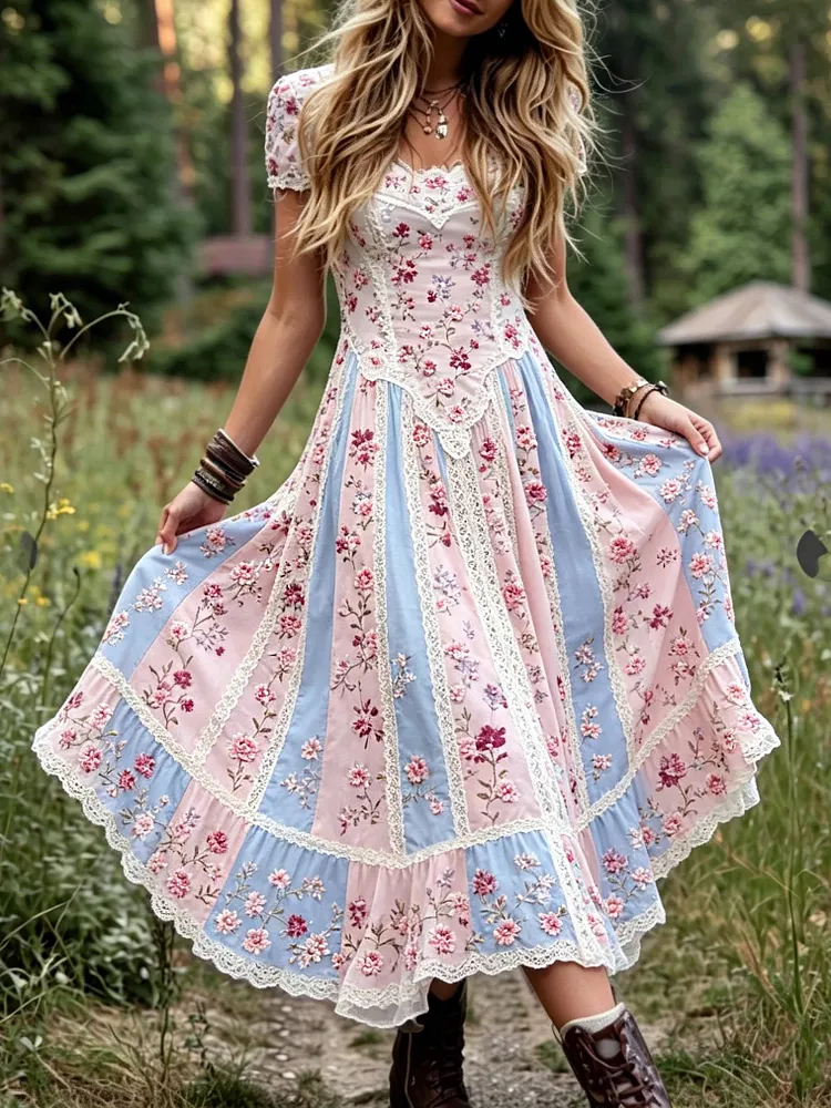 Women's Retro Floral Print Color Block Cotton Linen Comfortable Round Neck Slim Fit Dress