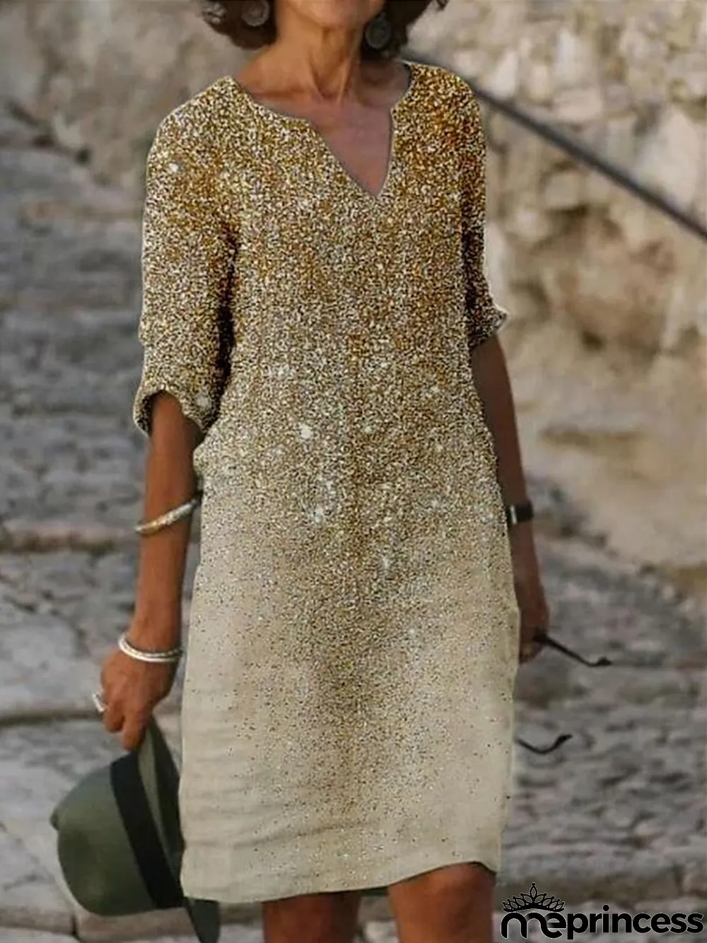 Women's Casual Dress Shift Dress Midi Dress fluorescent yellow khaki Half Sleeve Abstract Print Summer Spring V Neck Vintage S M L XL XXL XXXL 4XL 5XL