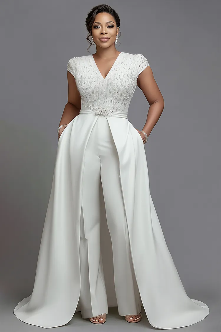 Xpluswear Design Plus Size Wedding White V Neck Cap Sleeve With&nbsp;Skirt&nbsp;Overlay&nbsp;Pocket Satin Jumpsuits [Pre-Order] 2024 - Xpluswear