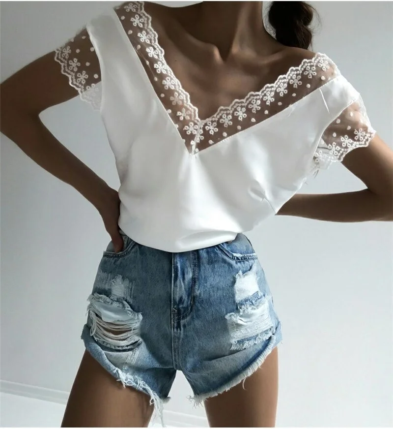 Womens Casual Short Sleeve Lace Tops and blouses elegant Ladies Summer V Neck Harajuku Blouse white Ladies blusa feminina