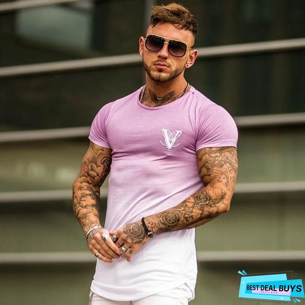 Gradient Color Fashion T-Shirt Men Fast Compression Breathable Short Sleeve