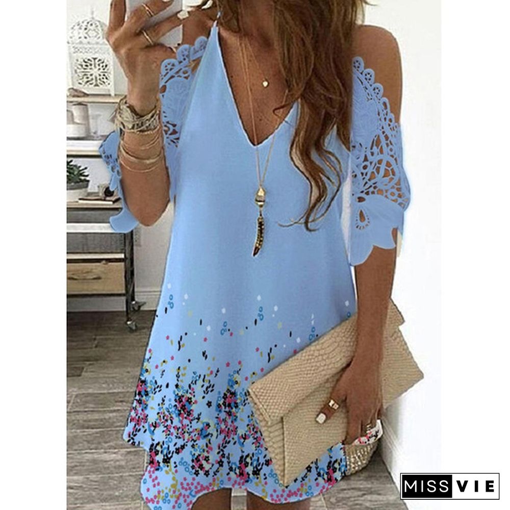 Half Sleeves Print Floral Dress Women Causal Off Shoulder Midi Dress V Neck Lace Casual Party Dresses Plus Size