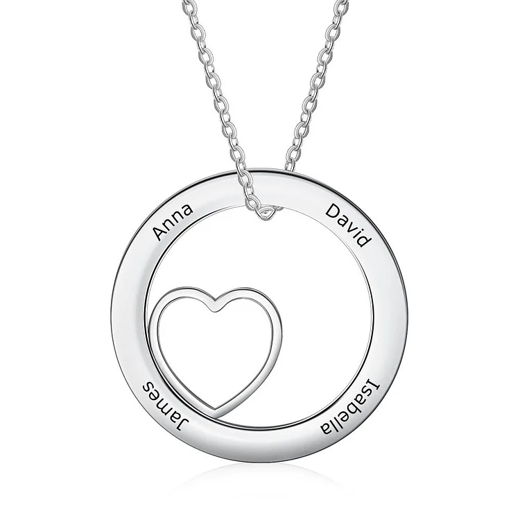 Circle Pendant Necklace Engraved Family 4 Names with Heart Inside Mother Necklace Personalized Gift For Mom