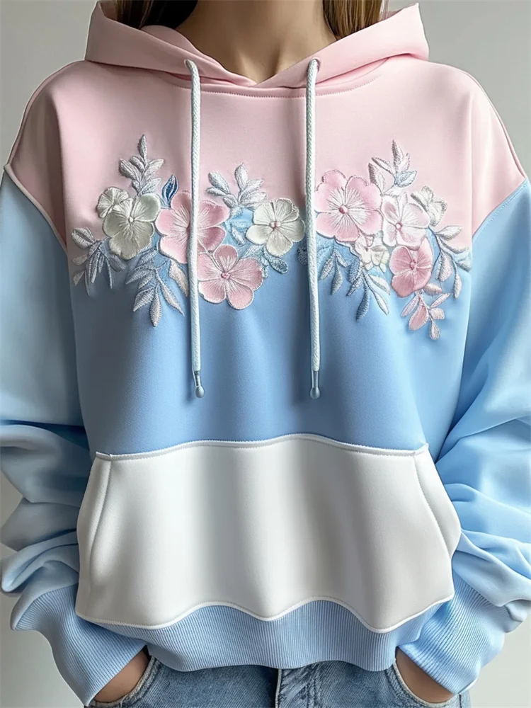 Floral Embroidered Transgender Contrast Color Hoodie