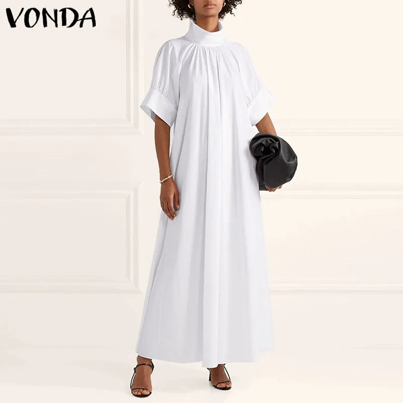 2022 VONDA Women Party Dress Summer Turtleneck Vintage Short Sleeve Dresses Elegant Robe Bohemian Vestidos Long Maxi Robes