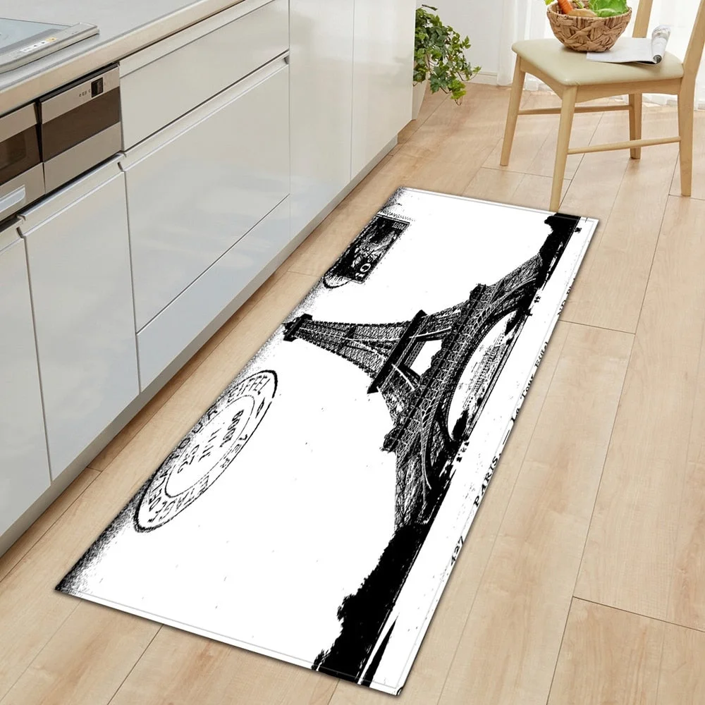 Kitchen Carpet Home Entrance Doormat Bedroom Bedside Eiffel Tower Pattern Decor Floor Rug Hallway Balcony Bathroom Anti-Slip Mat