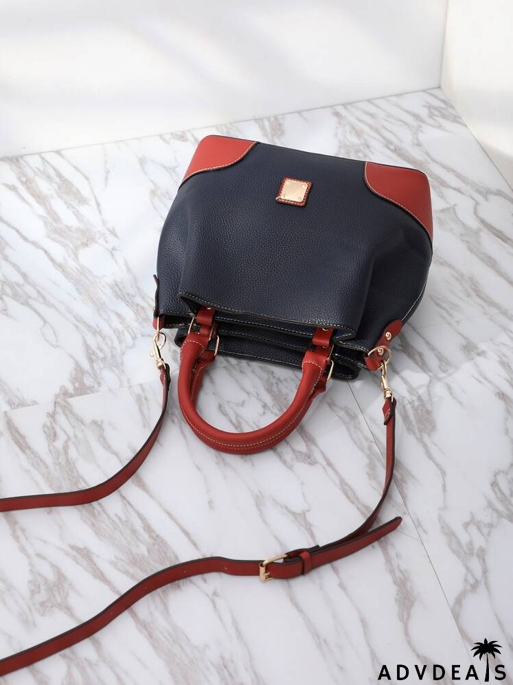 Colorblock Pattern Stitch Trim Tote Bag