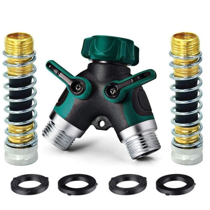 3/4" 2 Way Garden Hose Splitter/Connector /Hose Coiled Spring Protectors And 4 Washers