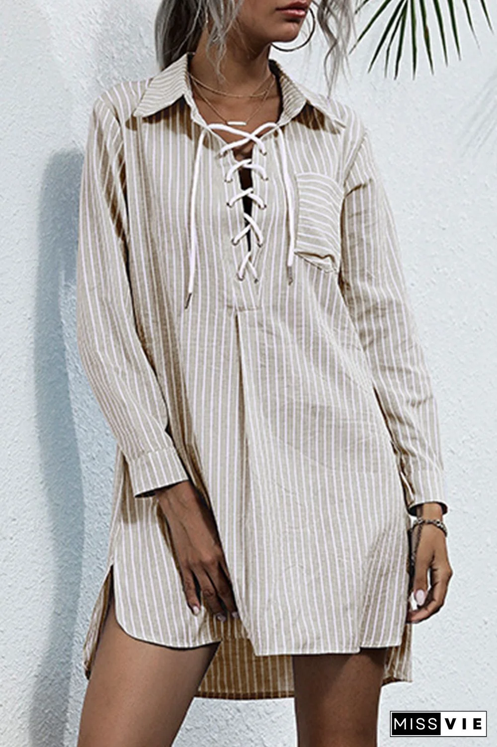 Fashion Elegant Striped Pocket Cross Straps Turndown Collar Tops