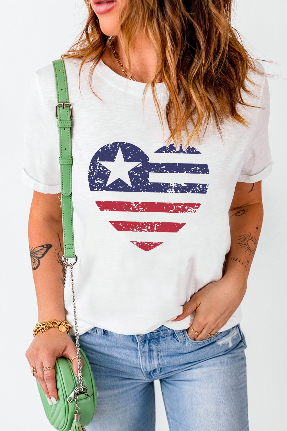 American Flag Heart Shape Print Crew Neck T Shirt