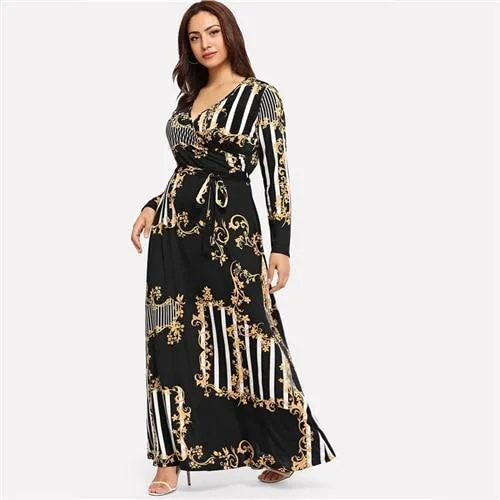 Plus Size Black Mixed Print Striped Dress Long Sleeve A Line High Waist Maxi Dress