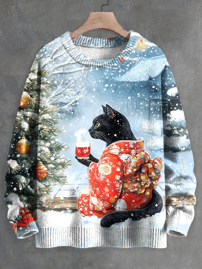 Men's Christmas Kimono Black Cat Drinks Hot Tea Art Print Knit Sweatshirt