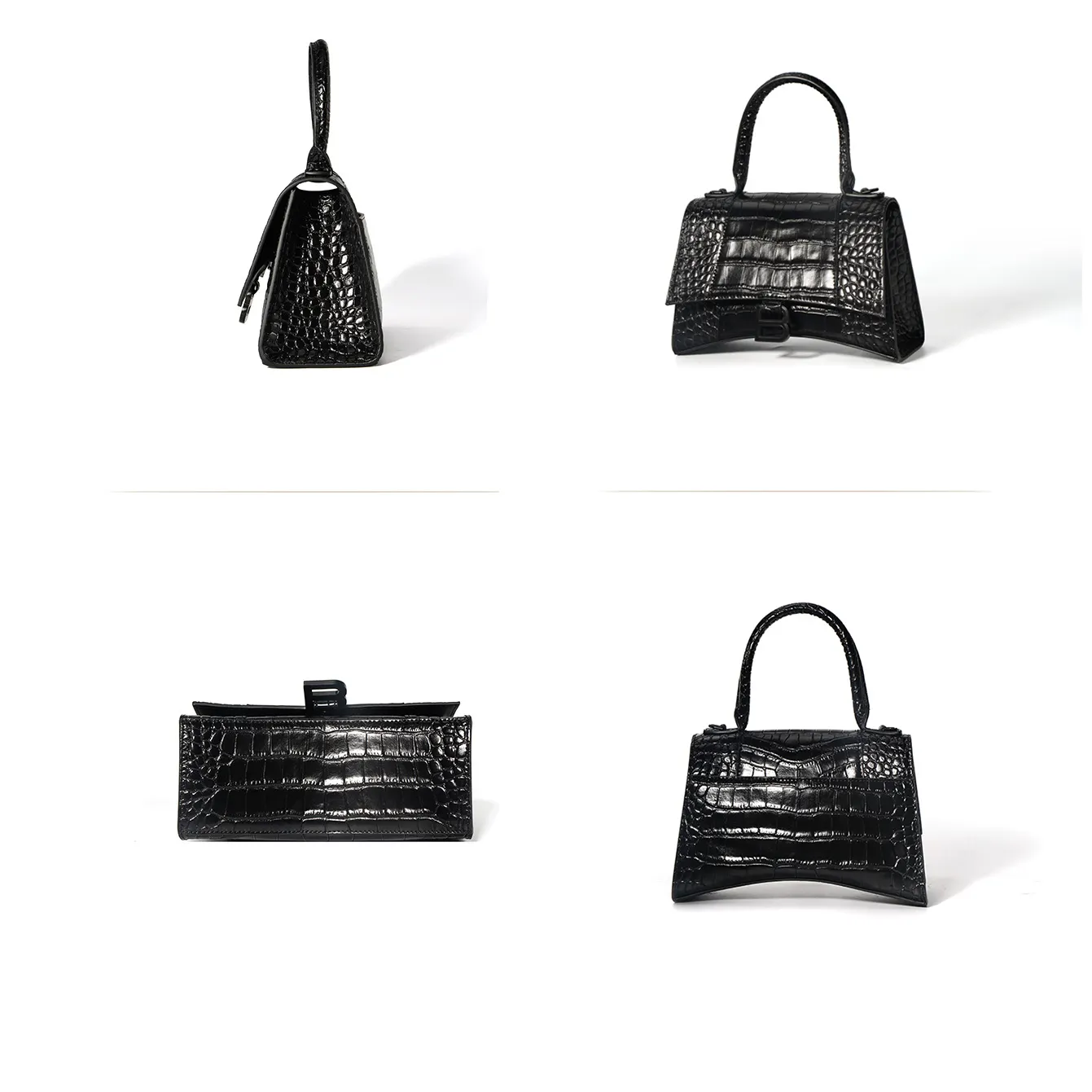 Women's Hourglass Small Handbag Crocodile Embossed in Black-vocosishoes