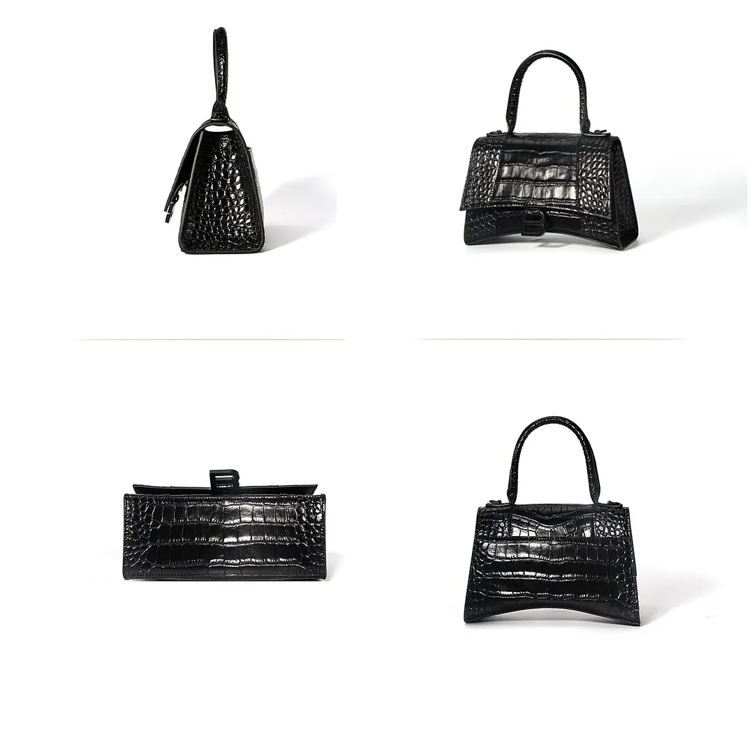 Women's Hourglass Small Handbag Crocodile Embossed in Black-vocosishoes