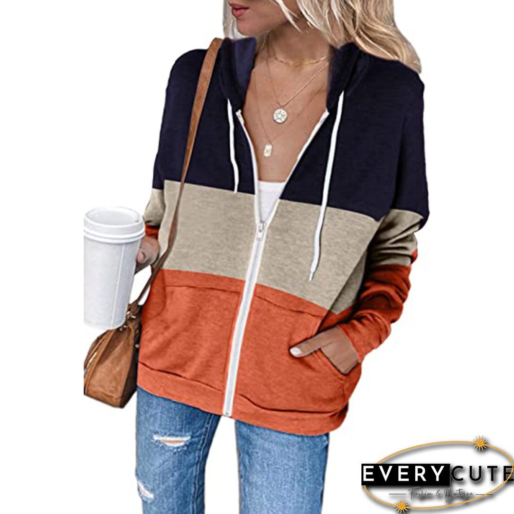 Orange Color Block Zip Kangaroo Pocket Hoodie