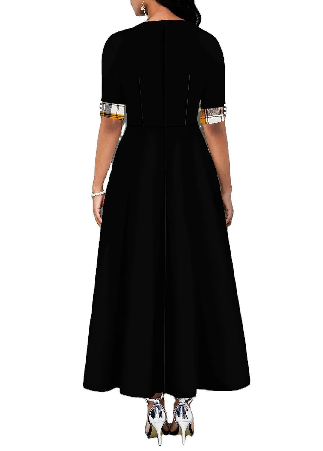 Brownm Temperament Commute Round Neck Color Half Sleeve Irregular Long Dress