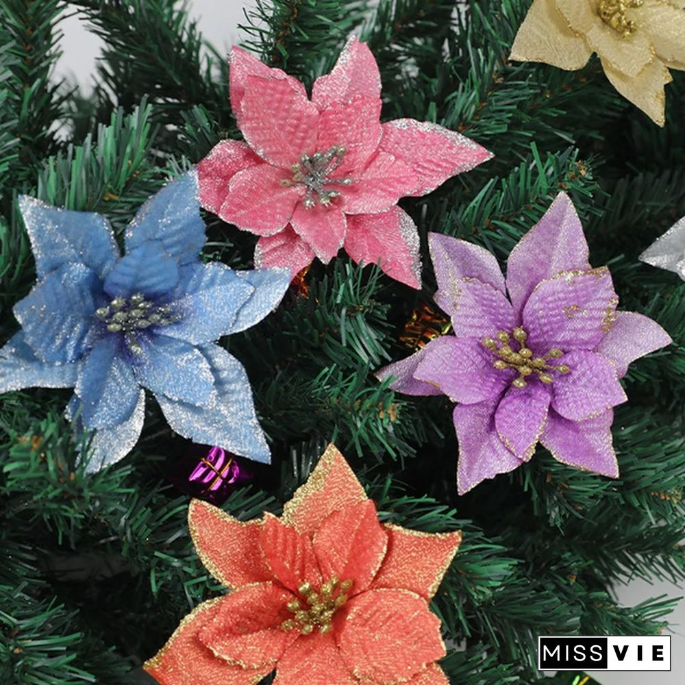 10 Pcs/Set Glitter Christmas Flower Poinsettia Christmas Tree Decorations Ornaments Christmas DIY Craft 11 Colors