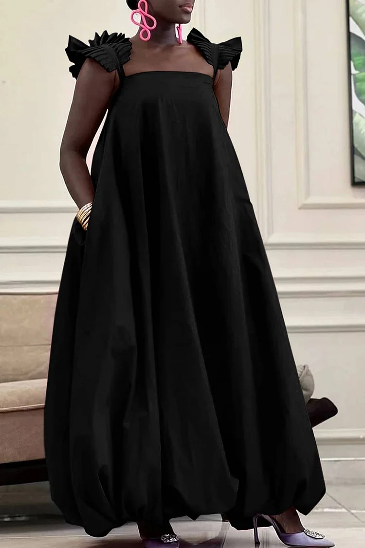 Plus Size Vacation Black Square Neck Sundress Pocket Maxi Dresses 2024 - Xpluswear