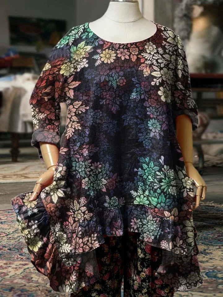 Gradient Floral Decorative Pattern Pocket Cotton Dress