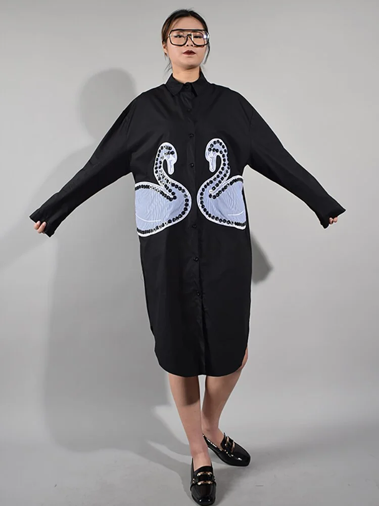 Fashion Lapel Button Striped Swan Decor Long Sleeve Single-breasted Shirt Dress 