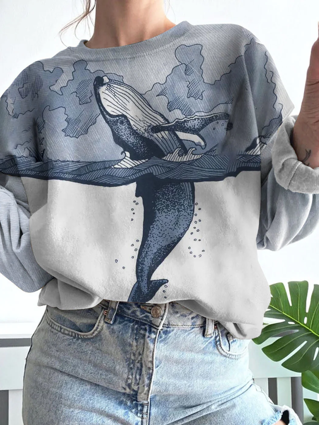Whale Art Contrast Color Cozy Washed Hoodie Sweatshirt / DarkAcademias /Darkacademias
