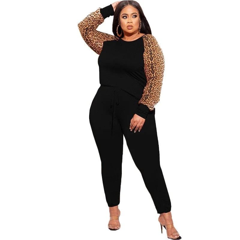 Plus Size Sets 2 Piece Outfit Women Fall Clothes Sweatsuit Tracksuit Leopard Patchwork Crop Top Leggings Wholesale Dropshipping
