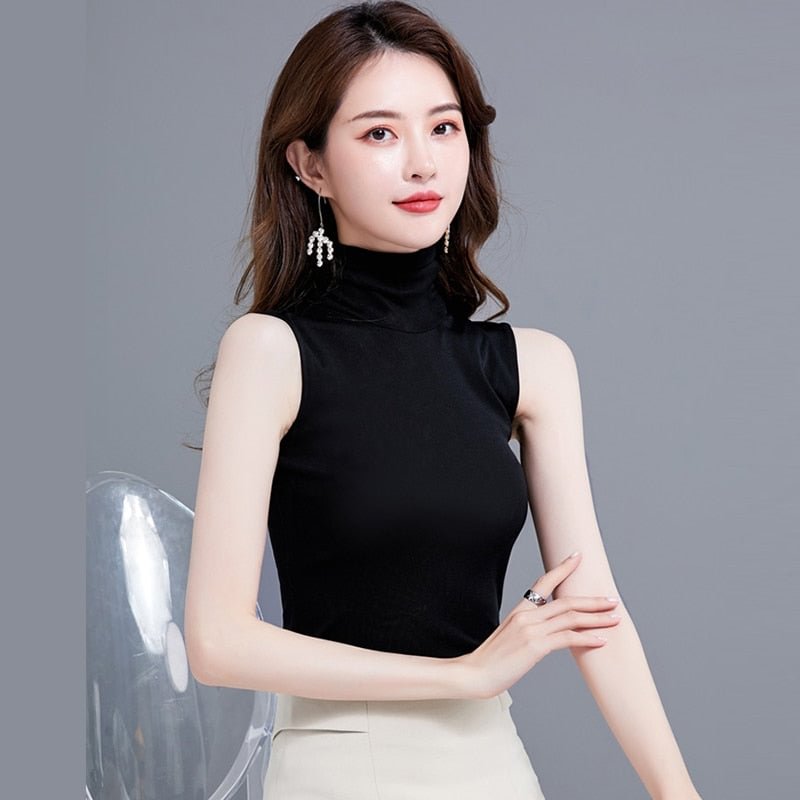 Summer Tops For Women 2021 Turtleneck Basic Sleeveless Lace Tank Tops Women Female Top Plus Size Korean Tee Black White Blue
