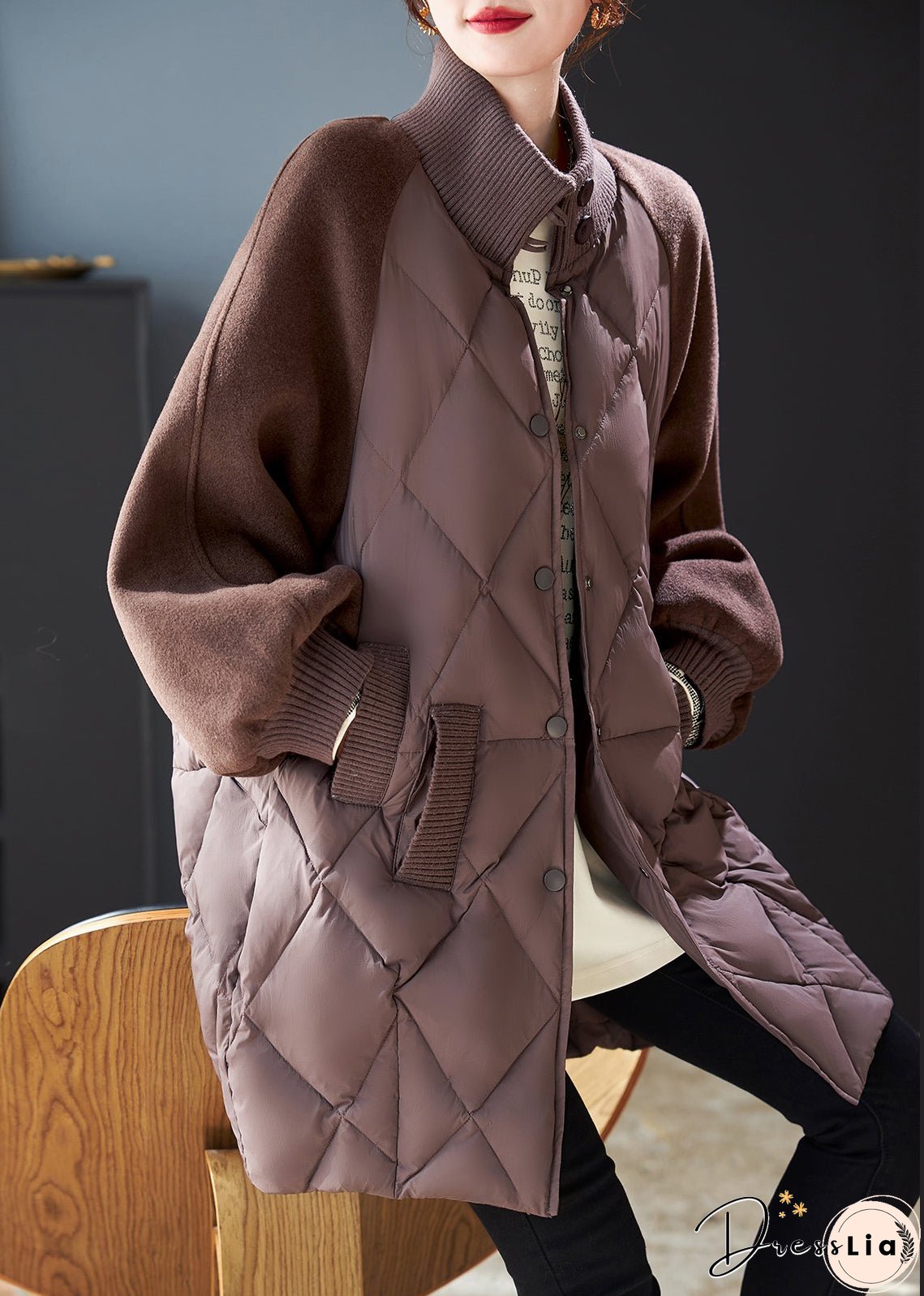Stylish Brown Oversized Patchwork Woolen Fine Cotton Filled Jackets Winter