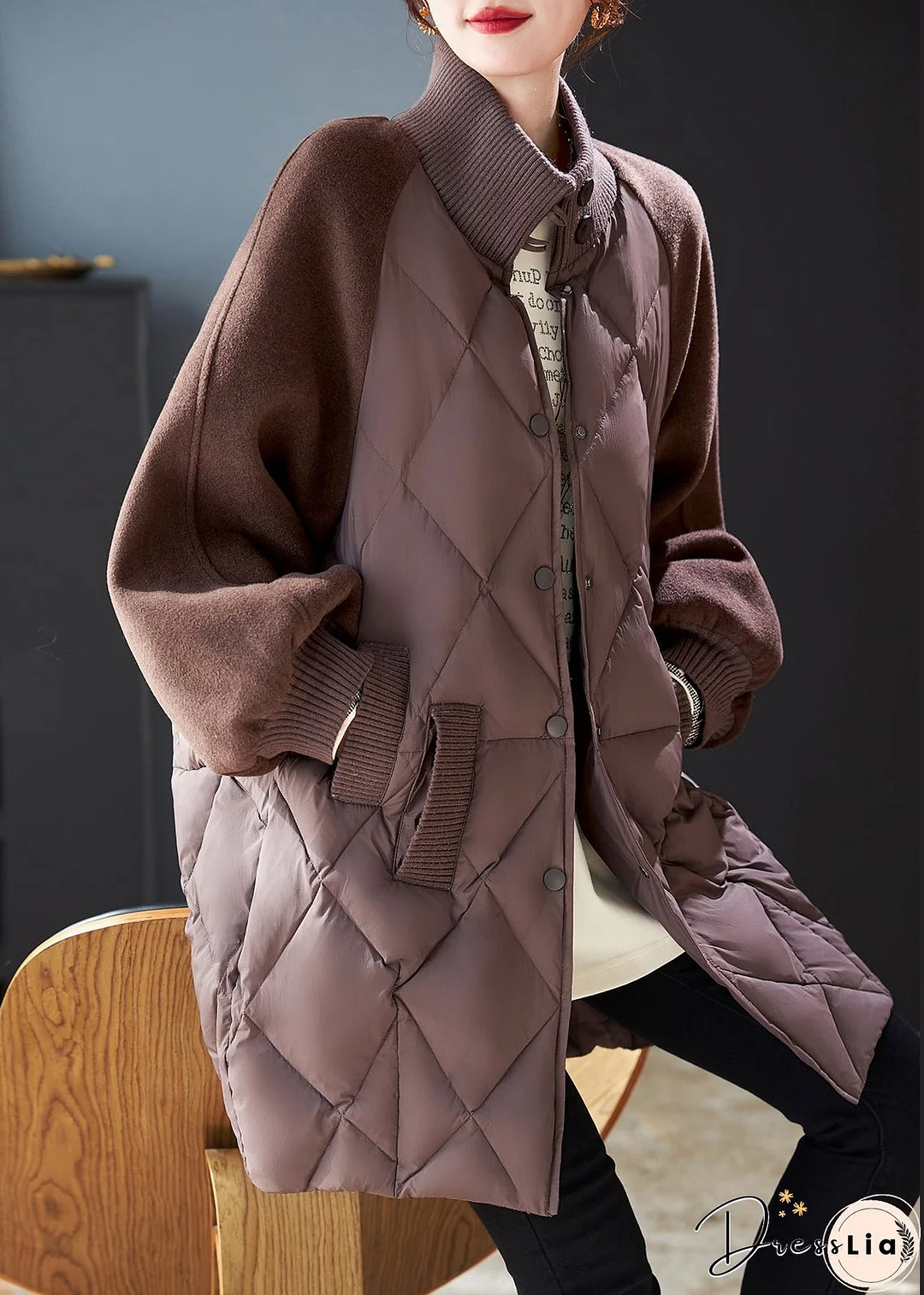 Stylish Brown Oversized Patchwork Woolen Fine Cotton Filled Jackets Winter